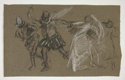 Petruchio Pulling Katharina, from Taming of the Shrew (recto); Sketch of Seated Figure (verso) by Edwin Austin Abbey