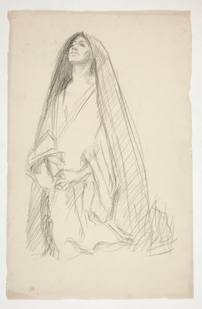 Sketch of a cloaked female figure in prayer for Three Marys at the Cross by Edwin Austin Abbey