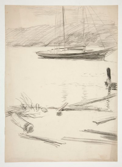 Sketch of a dock and sailboat by Edwin Austin Abbey