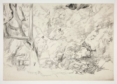 Sketch of a Landscape with Tree, Fence and Female Figure by Edwin Austin Abbey
