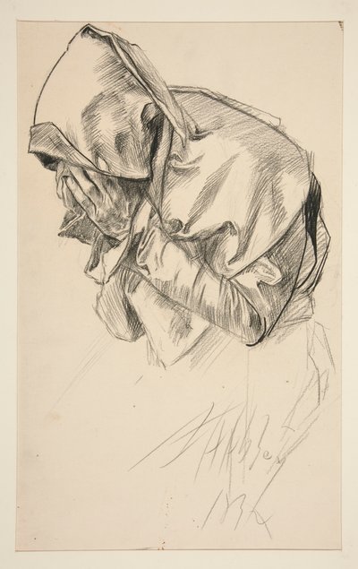 Study of a robed figure, crying, for The Quest of the Holy Grail mural series at Boston Public Library by Edwin Austin Abbey