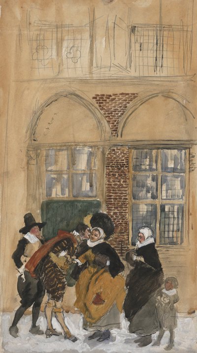 Study of Figure Scene in Seventeenth Century Dutch Costume, Possibly New Amsterdam by Edwin Austin Abbey