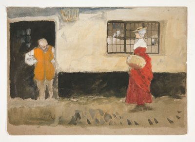 Study of Street Scene, Man at Door, Woman in Red Dress by Edwin Austin Abbey