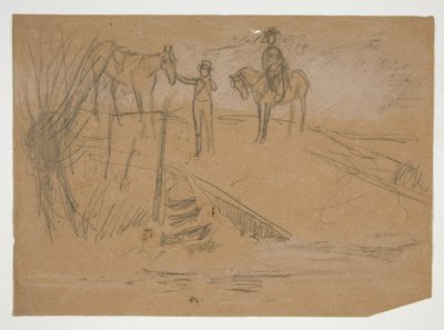 Two Men and Two Horses in a Landscape - Unidentified Illustration by Edwin Austin Abbey