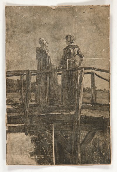 Untitled Wood Engraving by E.A. Abbey (?) of Two Ladies on a Wooden Footbridge - Illustration for William Black by Edwin Austin Abbey