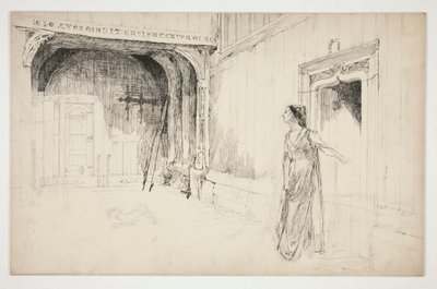 Woman and Dog in an Interior (unidentified illustration for a play?) by Edwin Austin Abbey