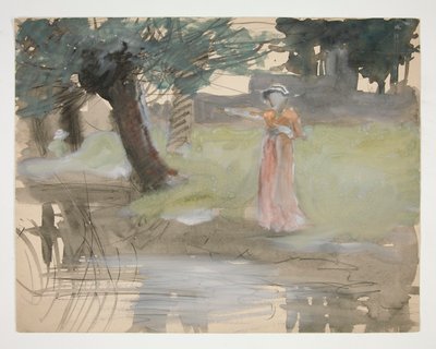 Woman Standing by a Riverbank - Unidentified Illustration by Edwin Austin Abbey