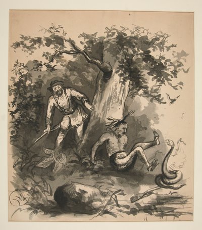 Woodland Scene of a Hunter, an Indian, and a Snake - Unidentified Illustration by Edwin Austin Abbey