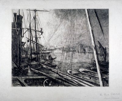 Pool of London from Rotherhithe, with ships in the foreground by Edwin Edwards