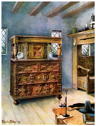 The Putnam Cupboard of English Oak and Cedar, and Carved Settle of American Oak, 1910 by Edwin Foley