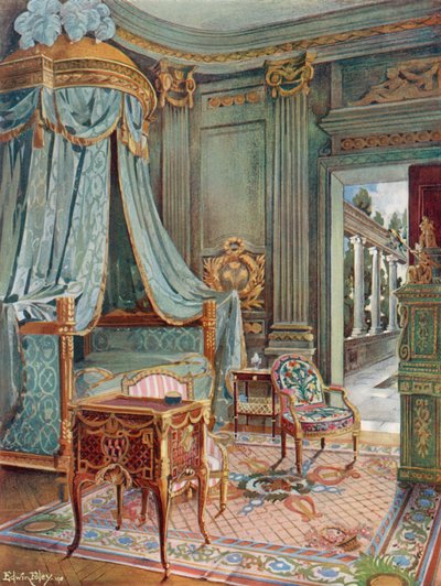 Carved and Gilt Draped Domed Bed. Bureau-Toilette (Or Petit Secretaire) in Marqueterie. Cartonnier in Green Lacquer by Edwin John Foley
