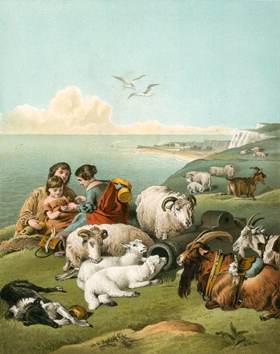 Children playing with sheep and goats on white cliffs by Edwin Landseer