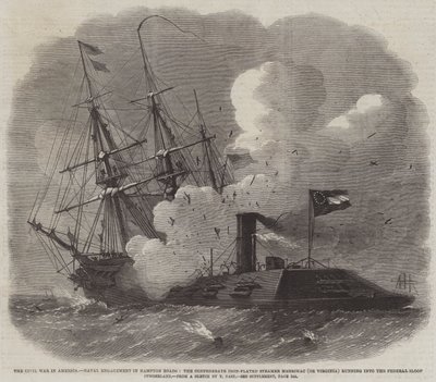 The Civil War in America, Naval Engagement in Hampton Roads, the Confederate Iron-Plated Steamer Merrimac (or Virginia) running into the Federal Sloop Cumberland by Edwin Weedon