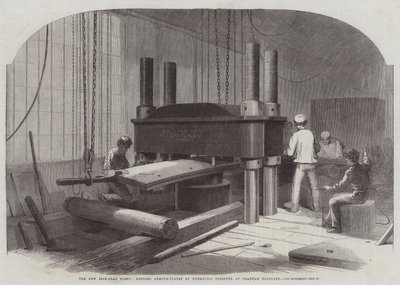 The New Iron-Clad Fleet, bending Armour-Plates by Hydraulic Pressure at Chatham Dockyard by Edwin Weedon