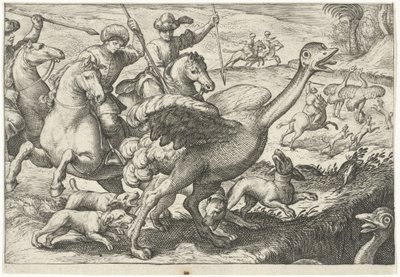 Landscape with Ostrich Hunt (Hunting Scenes, Icones Venantum Species Varias Representantes) by Egbert Jansz.