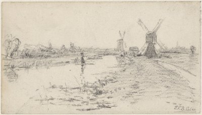 Landscape with River and Two Mills by Egbert Rubertus Derk Schaap