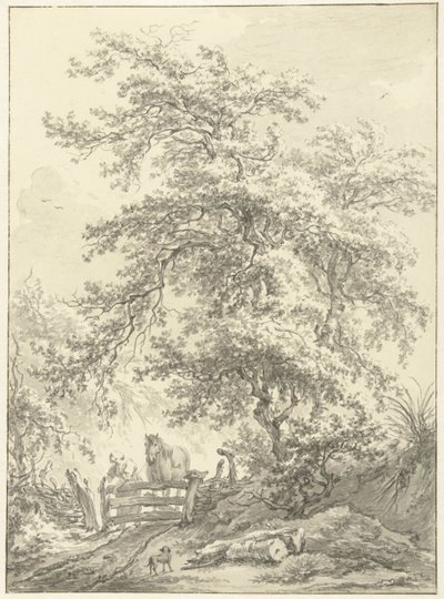Woman with Horse by Fence under Large Tree by Egbert van Drielst