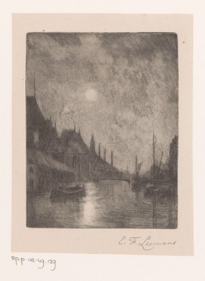 River View in a City at Night by Egide François Leemans (signed by artist)