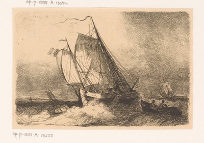 Sailing Ships and a Rowboat on a Rough Sea by Egidius Linnig