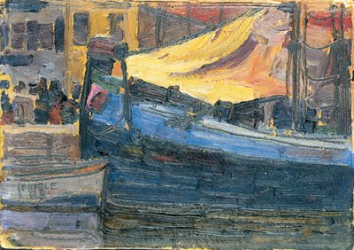 Anchored Boats with a House Wall in the Background by Egon Schiele
