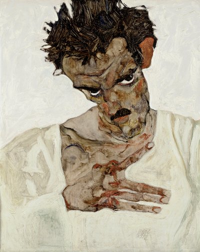 Self-Portrait with Head Bowed - Painting by Egon Schiele (Oil on Wood) by Egon Schiele
