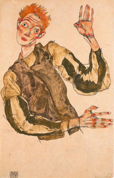 Self-Portrait with Striped Sleeves by Egon Schiele