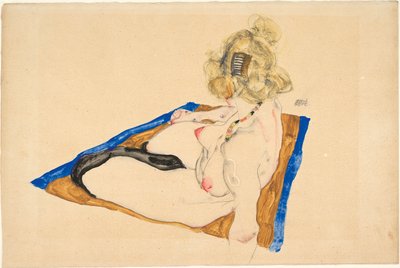 Blonde Nude Seated on a Brown Rug with a Blue Border by Egon Schiele