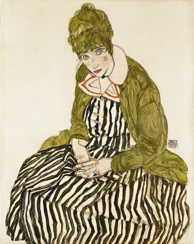 Edith Schiele in a striped dress, seated by Egon Schiele