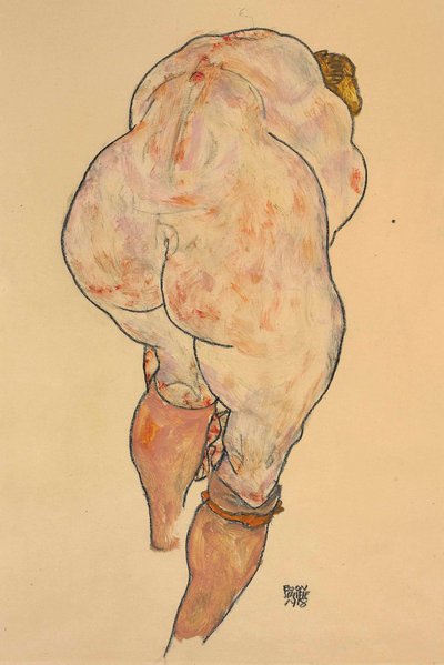 Female Nude Pulling up Stockings, Back View, 1918 by Egon Schiele