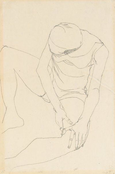 Female Nude Bent Forward, Both Hands on the Left Thigh by Egon Schiele