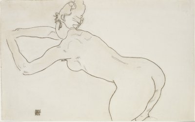 Female nude kneeling and bending forward to the left by Egon Schiele
