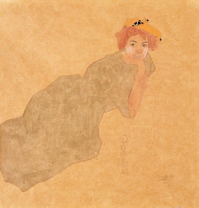 Girl in Olive Coloured Dress with Propped Arm by Egon Schiele
