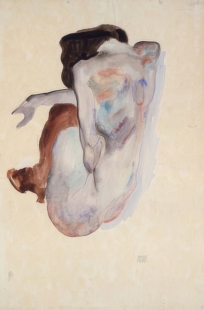 Crouching Nude with Shoes and Black Stockings, Back View. 1912 by Egon Schiele