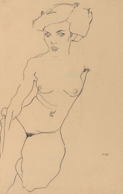 Kneeling Female Nude by Egon Schiele