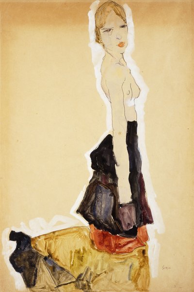 Kneeling Girl with Spanish Skirt by Egon Schiele