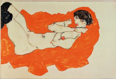 Reclining Female Nude on Red Cloth by Egon Schiele