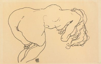 Long-haired Nude, Leaning Forward, Back View, 1918 by Egon Schiele
