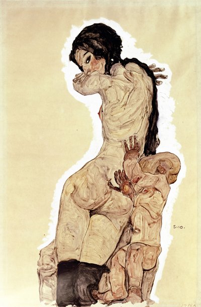 Mother and Child - Work by Egon Schiele (Watercolour and Gouache on Paper) by Egon Schiele