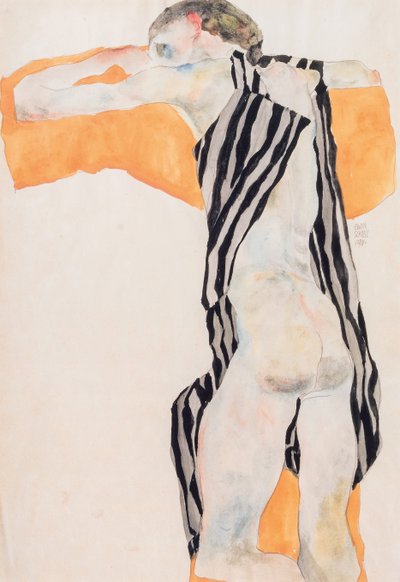 Reclining Nude Girl in Striped Smock by Egon Schiele