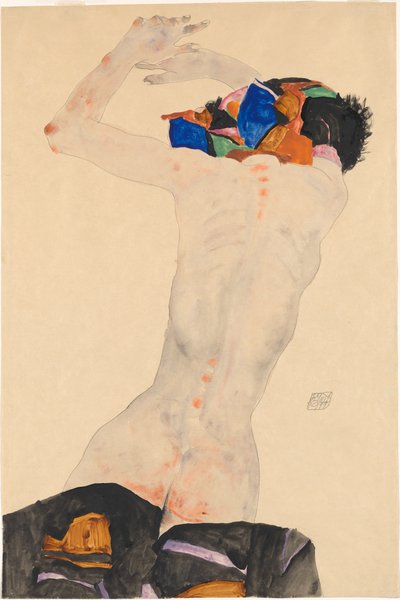 Nude from the back with a colored cloth by Egon Schiele