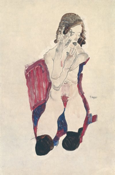 Seated Girl with Black Stockings and Folded Hands by Egon Schiele