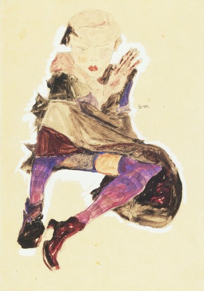 Seated Girl with Striped Stockings by Egon Schiele