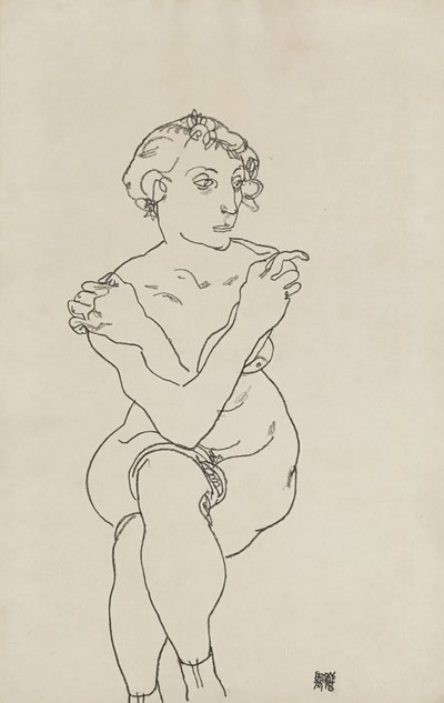 Seated female nude, arms and legs crossed by Egon Schiele