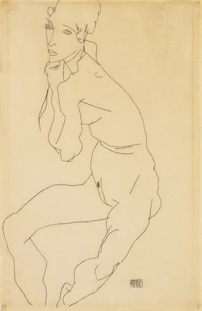 Seated Female Nude with Hand on Chin by Egon Schiele
