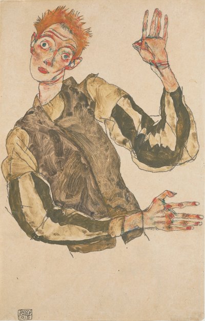 Self-Portrait with Striped Sleeve Protectors by Egon Schiele