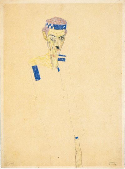 Self-Portrait with blue checked headband by Egon Schiele