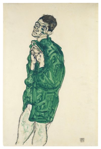 Self-portrait in green shirt with eyes closed by Egon Schiele