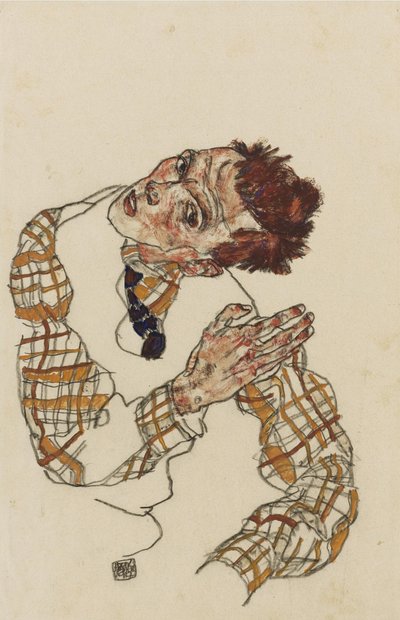 Self-portrait with checkered shirt by Egon Schiele