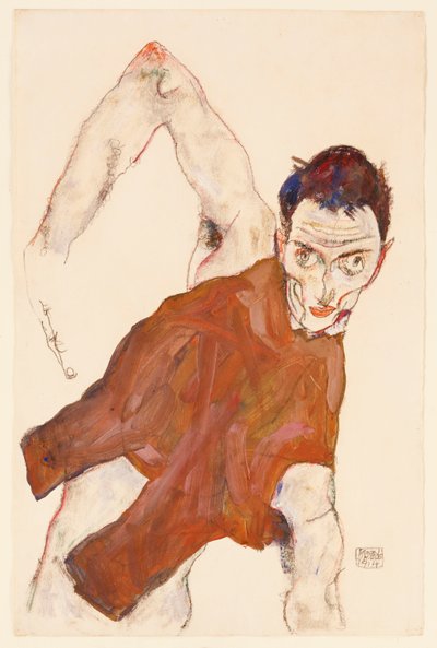 Self portrait in a jerkin with right elbow raised by Egon Schiele