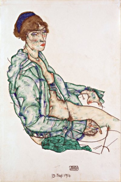Sitting Semi-Nude with Blue Hairband by Egon Schiele